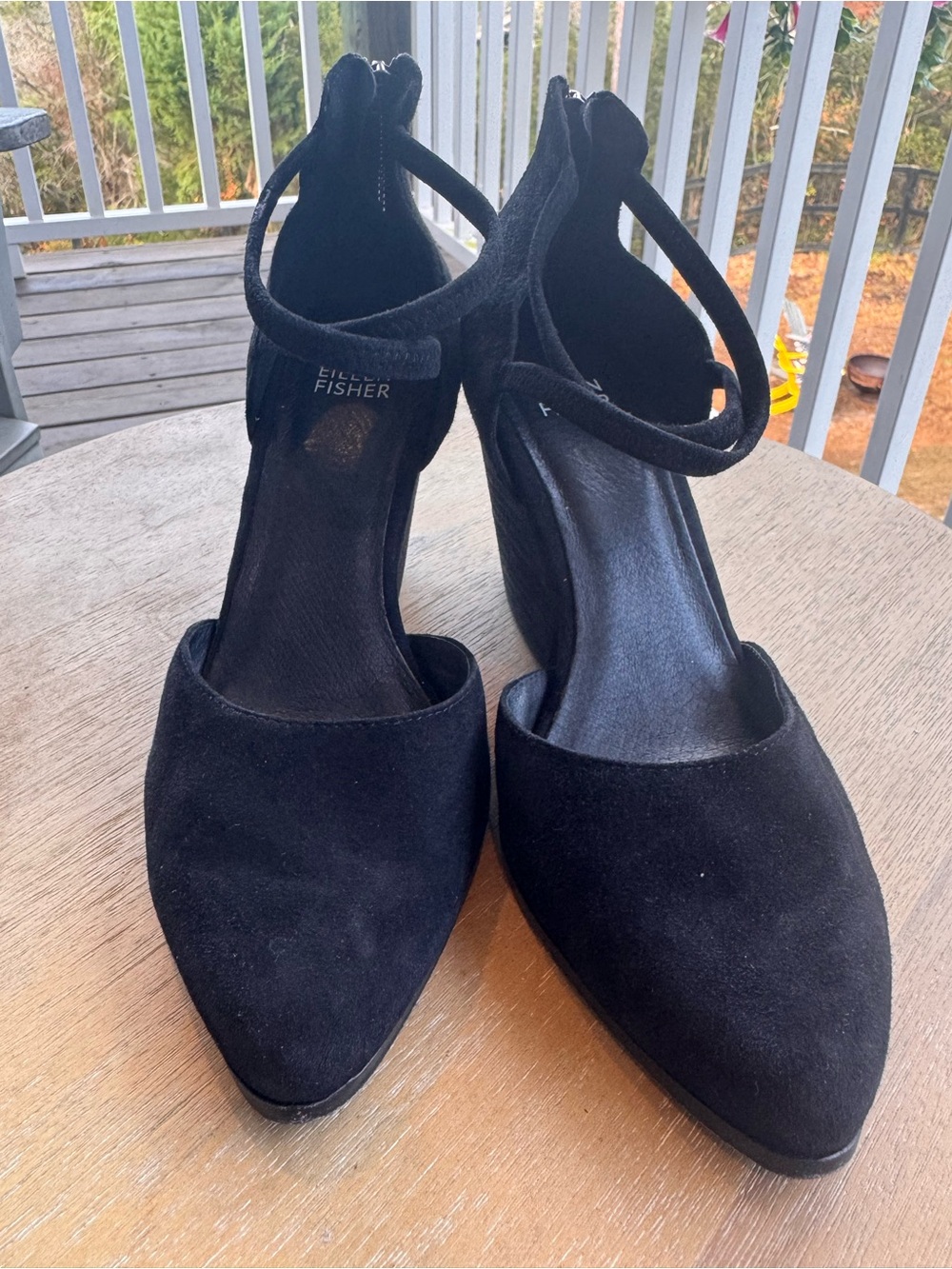 Eileen Fisher Black Suede Pointed Toe Ankle Strap Heels Pumps Size 7.5